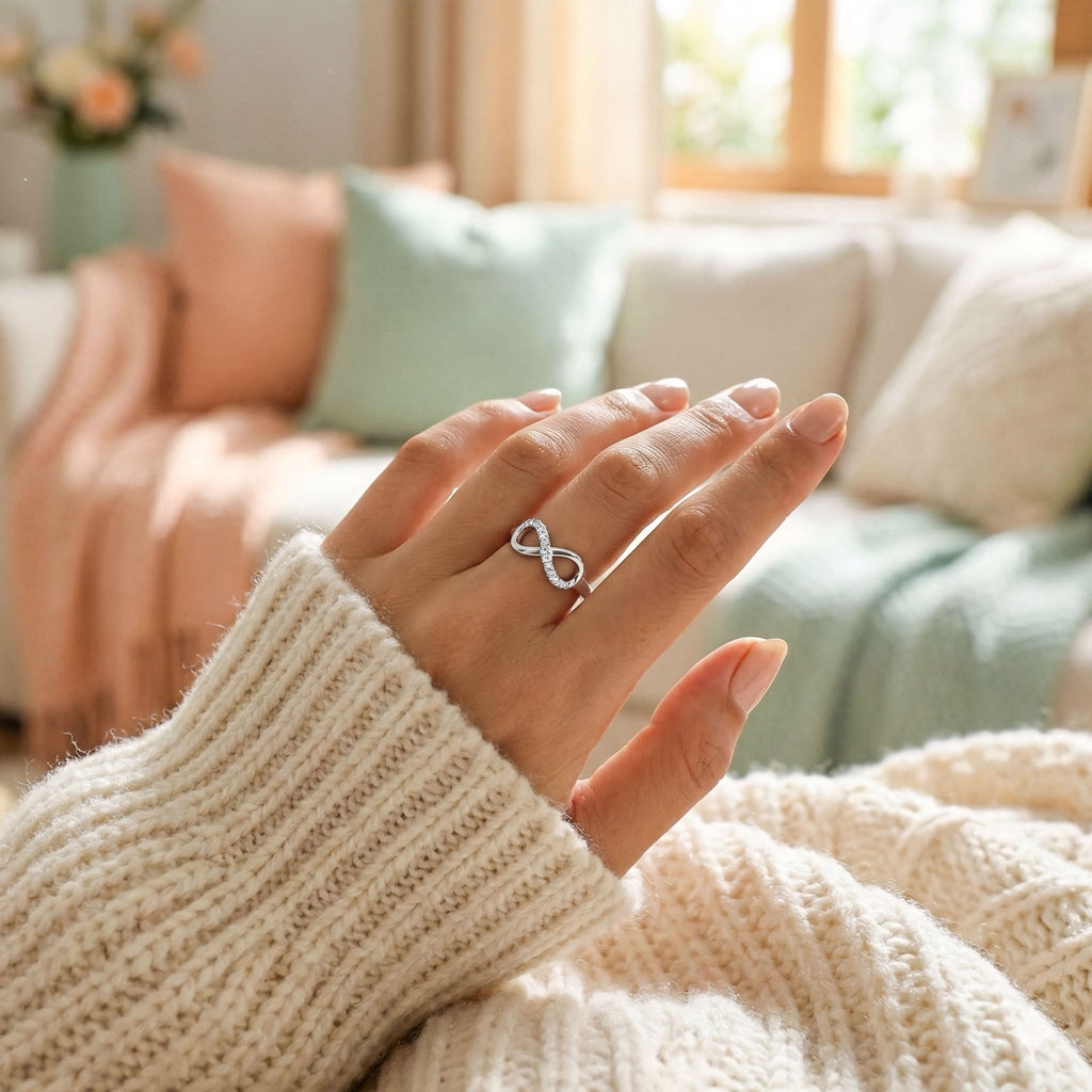 Hand wearing an infinity ring with a cozy living room background