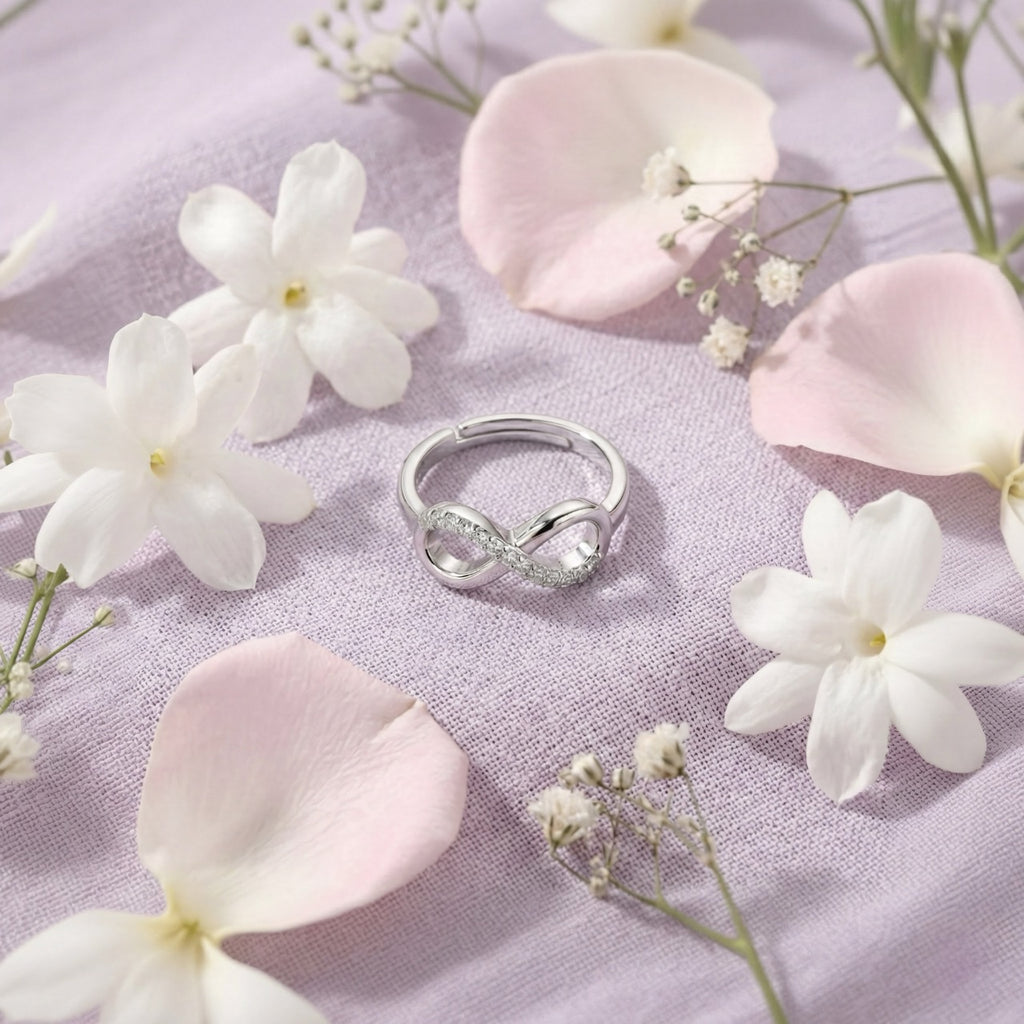 Silver ring with floral design on a soft pink fabric background