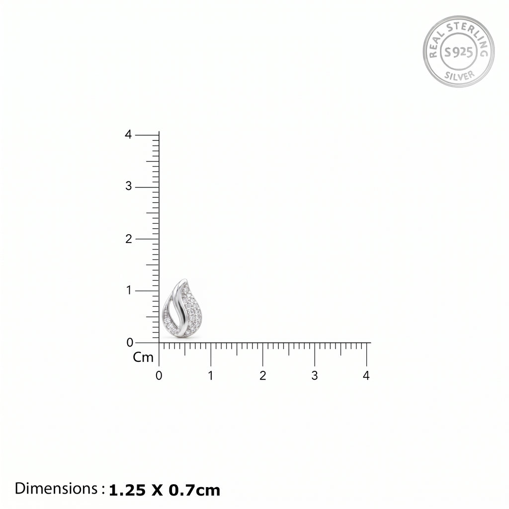 A small sterling silver teardrop-shaped stud earring shown on a white background with a centimeter ruler for scale and text stating dimensions 1.25 x 0.7cm
