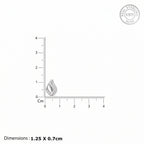 A small sterling silver teardrop-shaped stud earring shown on a white background with a centimeter ruler for scale and text stating dimensions 1.25 x 0.7cm