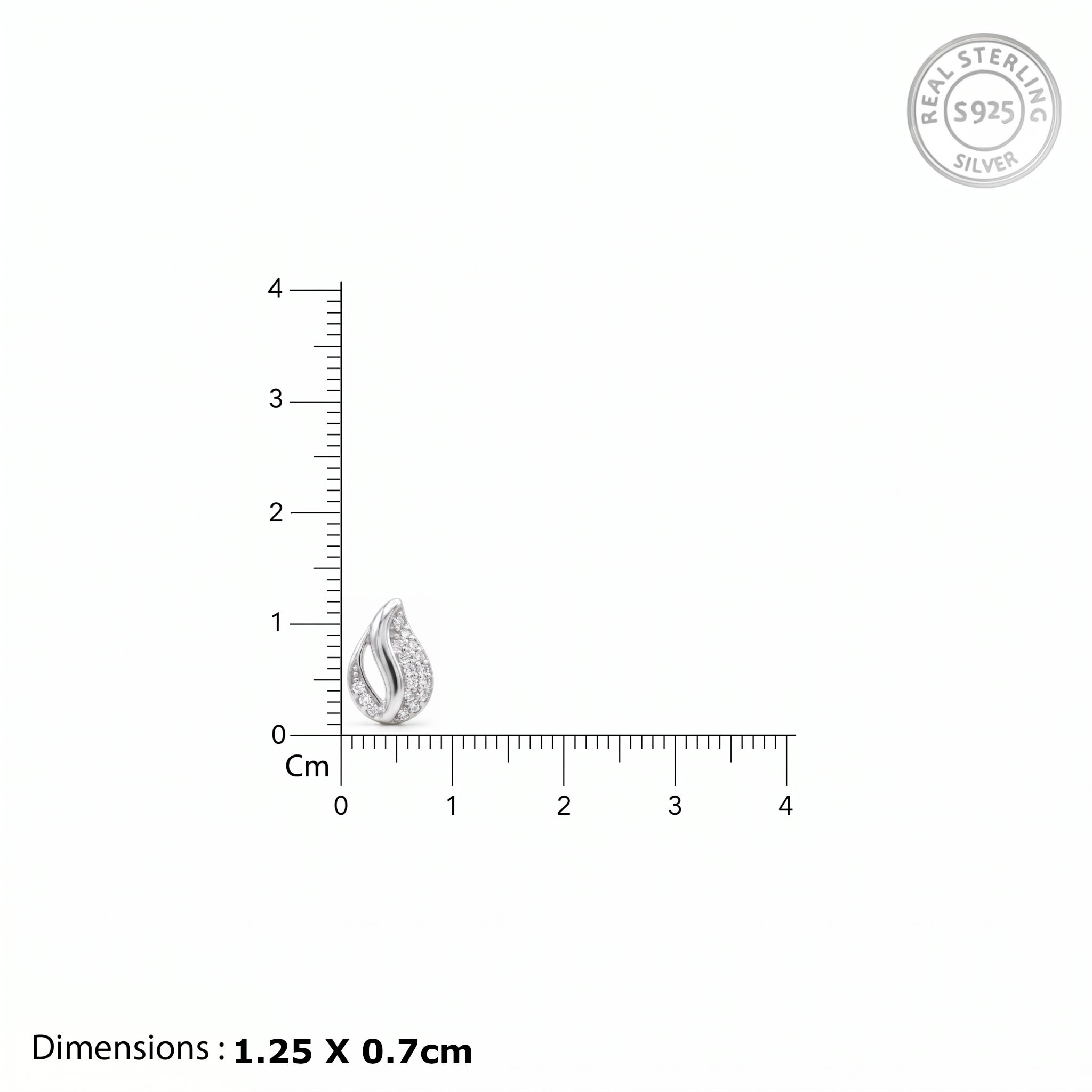 A small sterling silver teardrop-shaped stud earring shown on a white background with a centimeter ruler for scale and text stating dimensions 1.25 x 0.7cm