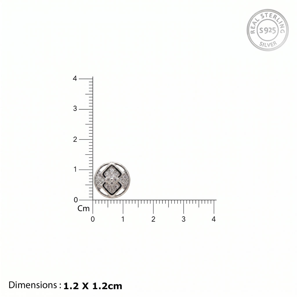 Silver pendant with measurement scale on a white background