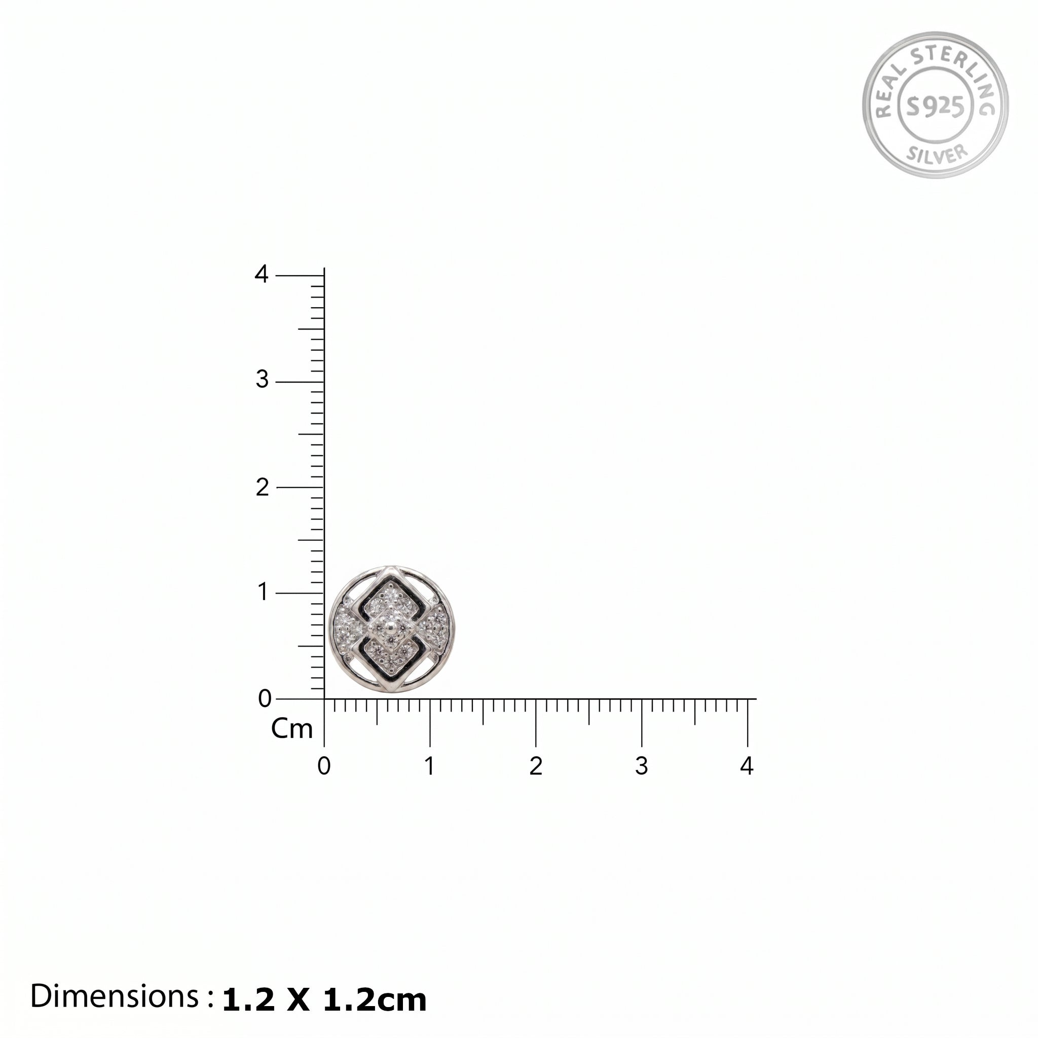 Silver pendant with measurement scale on a white background