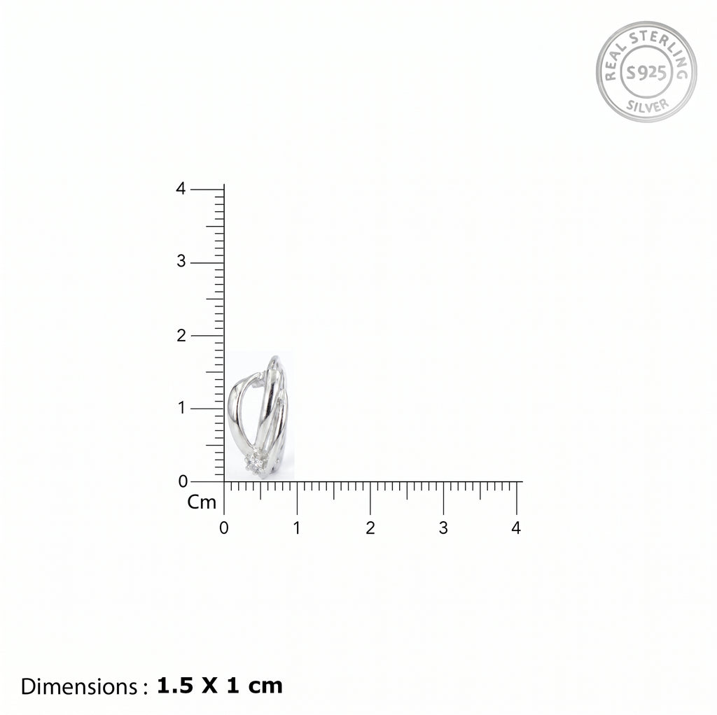 Sterling silver heart-shaped ring shown on a white background with a cm ruler scale indicating dimensions of 1.5 x 1 cm, plus a 'Real Sterling Silver 925' stamp in the top right.