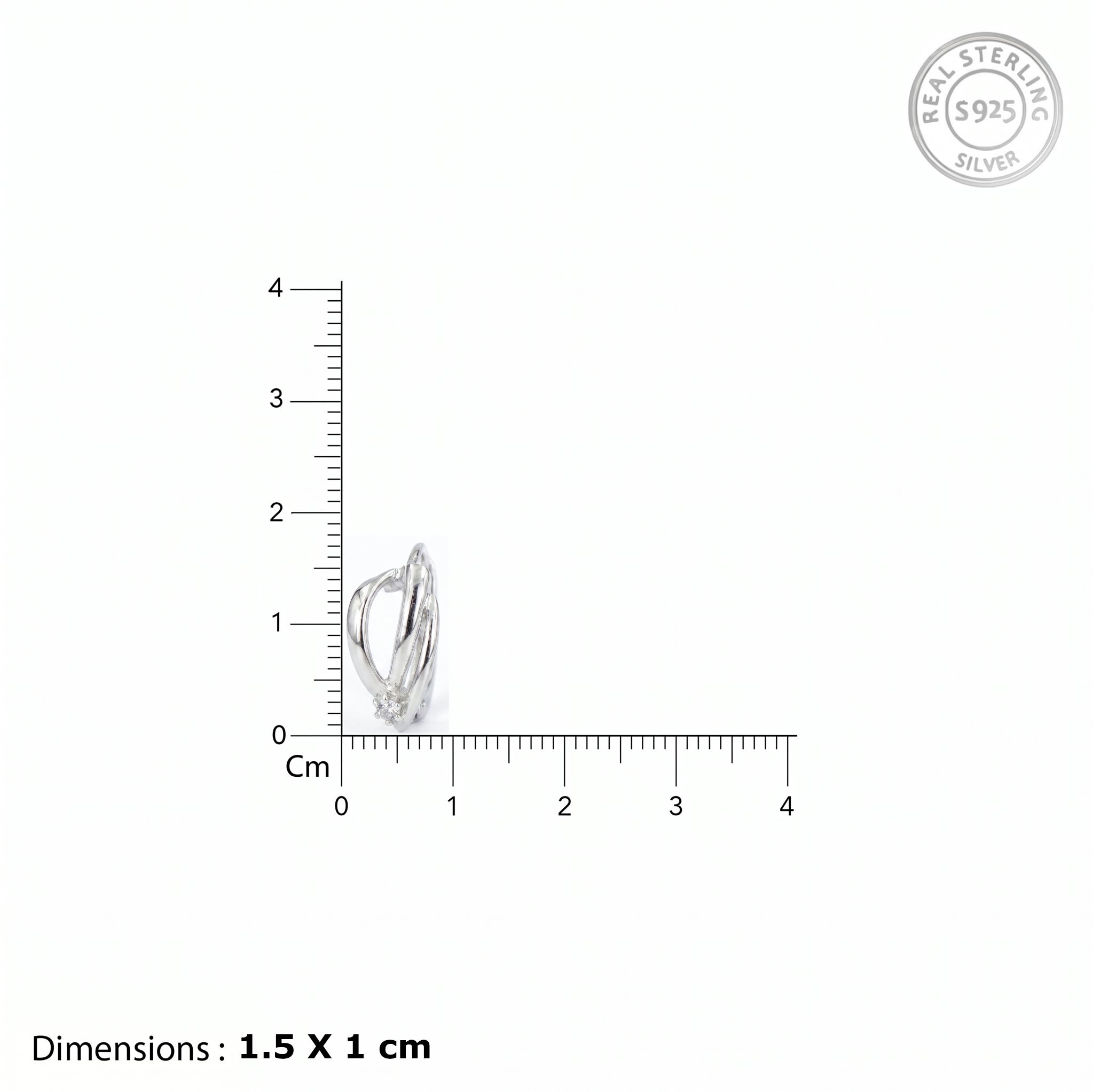Sterling silver heart-shaped ring shown on a white background with a cm ruler scale indicating dimensions of 1.5 x 1 cm, plus a 'Real Sterling Silver 925' stamp in the top right.
